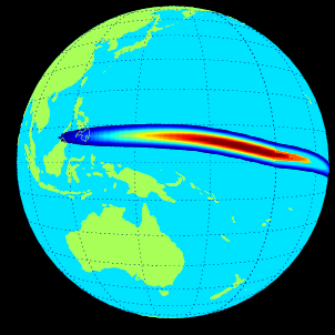 Modeled location of the equatorial electrojet from the viewpoint of a satellite sitting at about 10:00 am local time (Alken and Maus, 2007). From The Conversation article 
